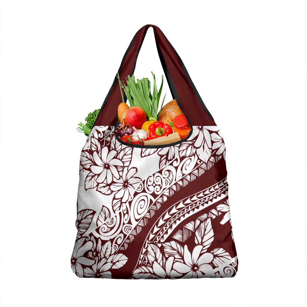Polynesian Tropical Flowers Oxblood Color Grocery Bag