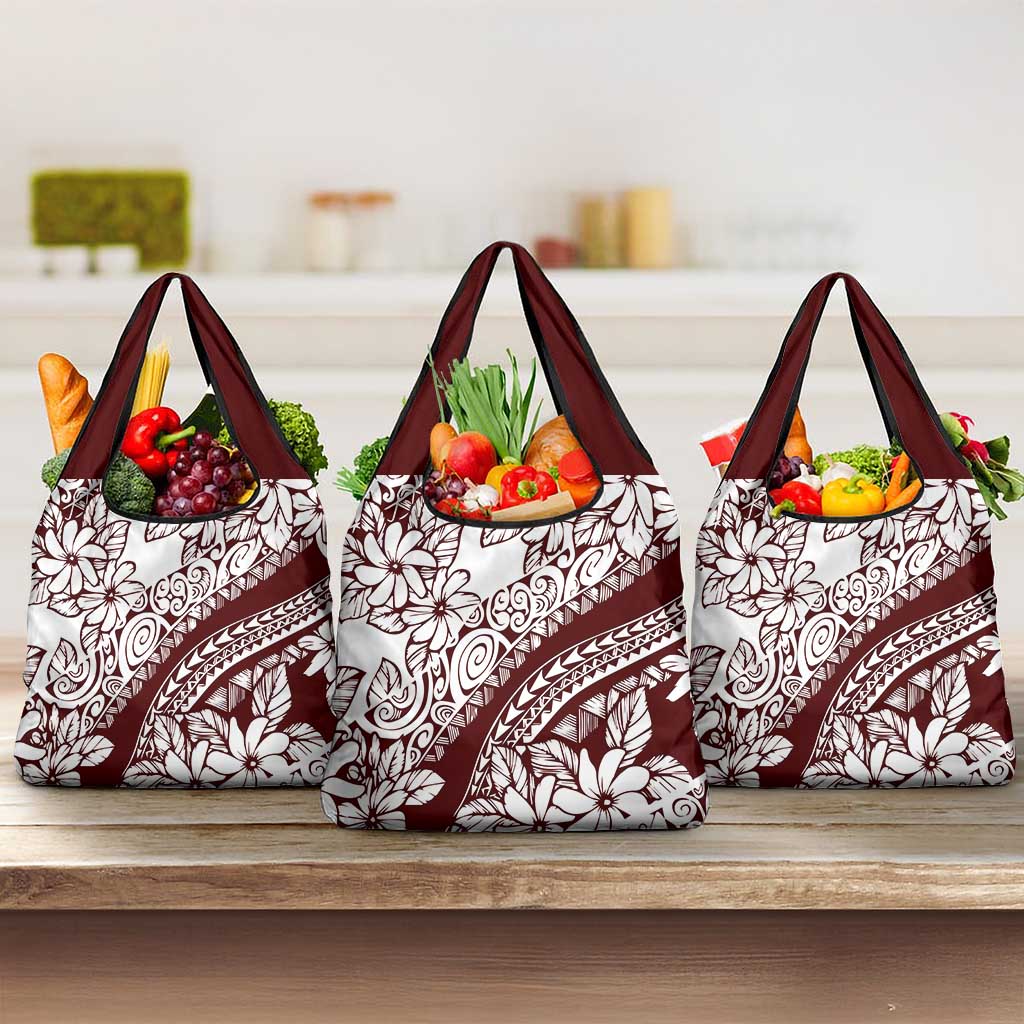 Polynesian Tropical Flowers Oxblood Color Grocery Bag