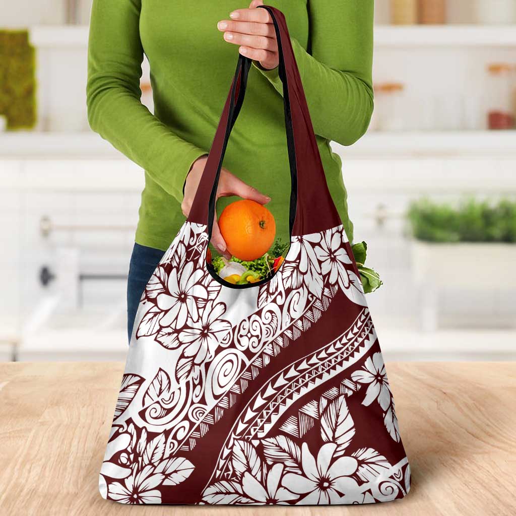 Polynesian Tropical Flowers Oxblood Color Grocery Bag
