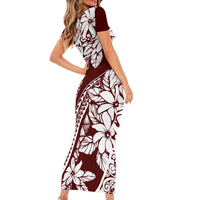 Polynesian Tropical Flowers Oxblood Color Short Sleeve Bodycon Dress