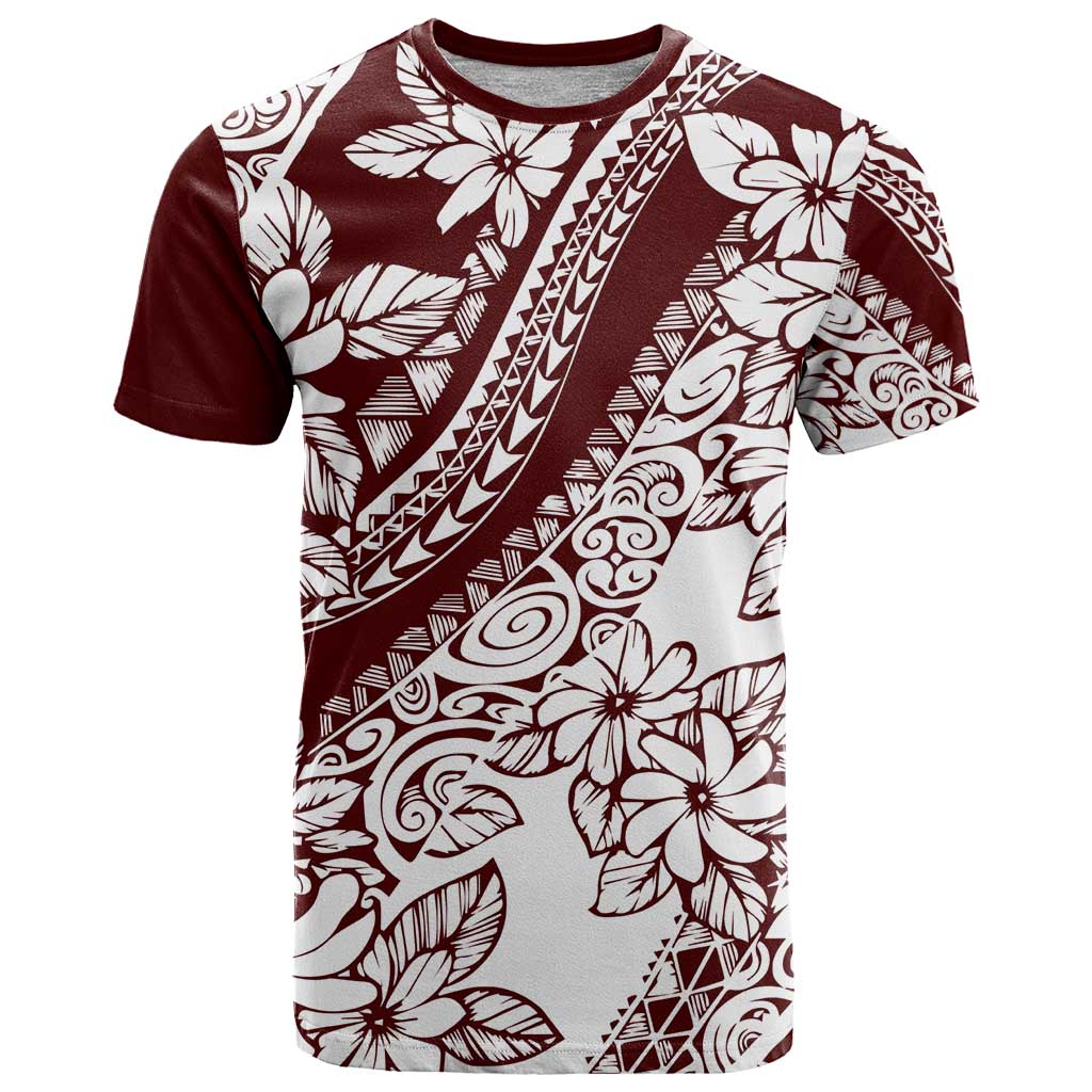 Polynesian Tropical Flowers Oxblood Color T Shirt