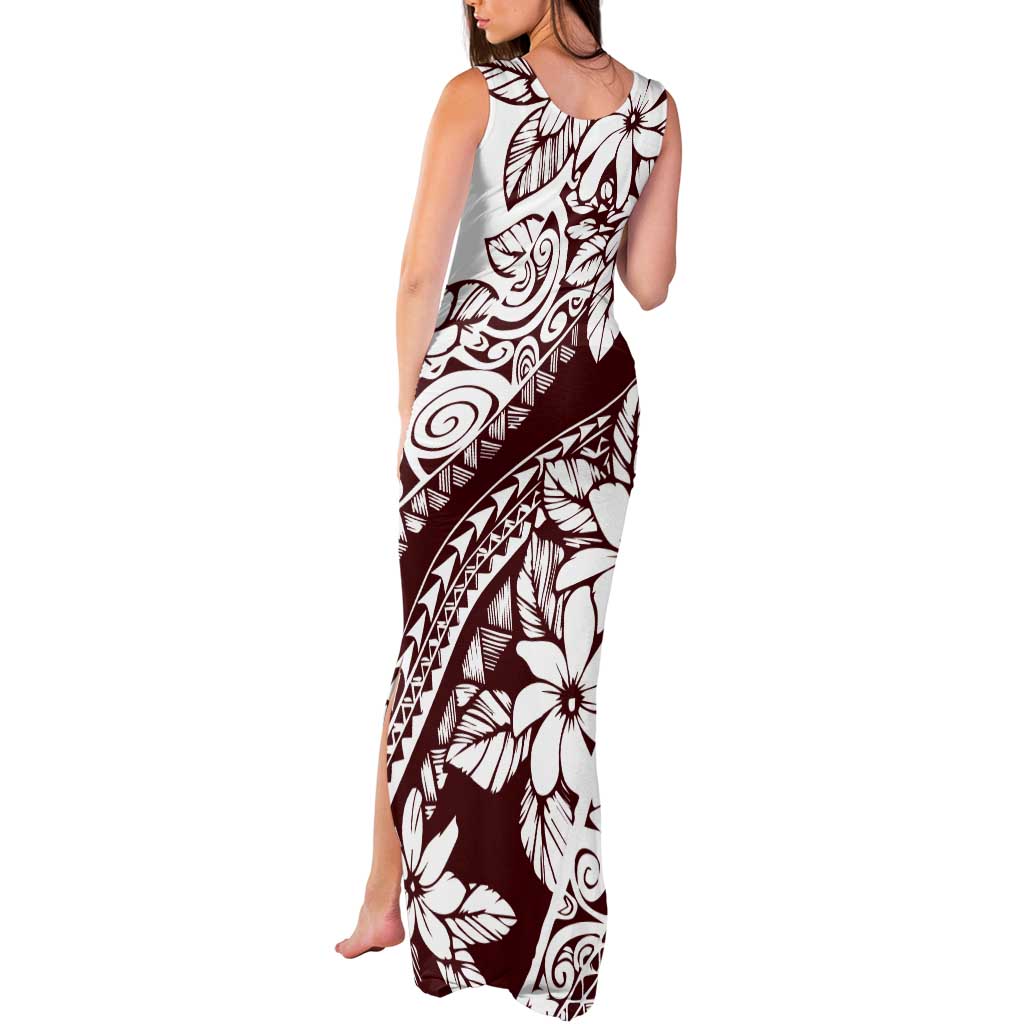 Polynesian Tropical Flowers Oxblood Color Tank Maxi Dress