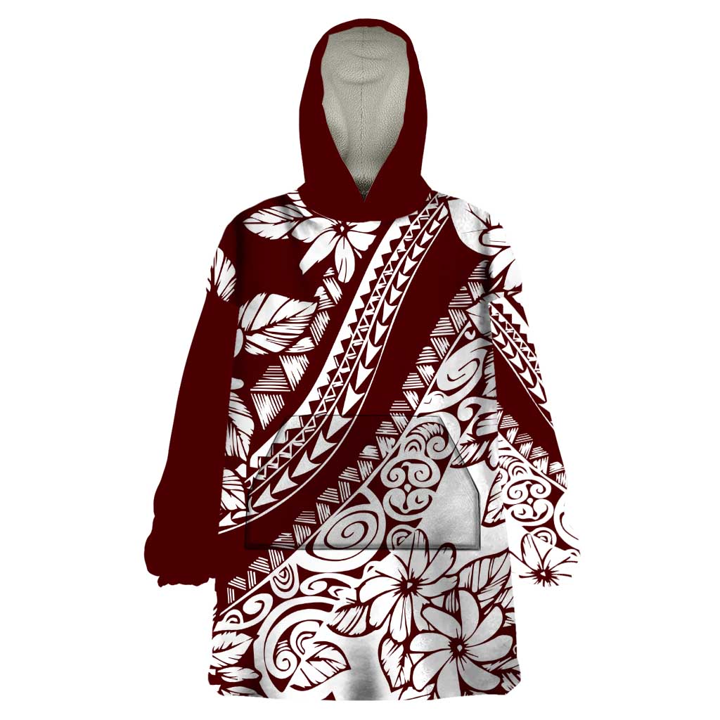 Polynesian Tropical Flowers Oxblood Color Wearable Blanket Hoodie