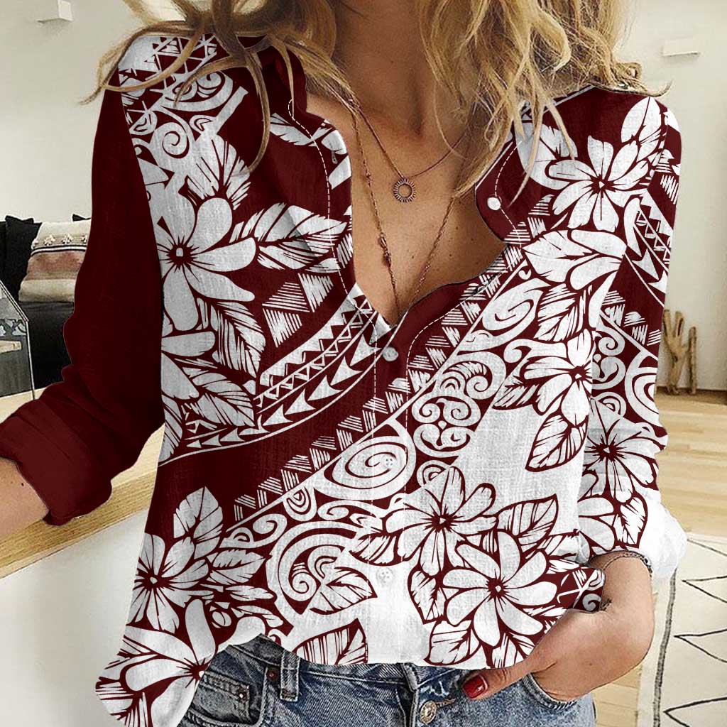 Polynesian Tropical Flowers Oxblood Color Women Casual Shirt