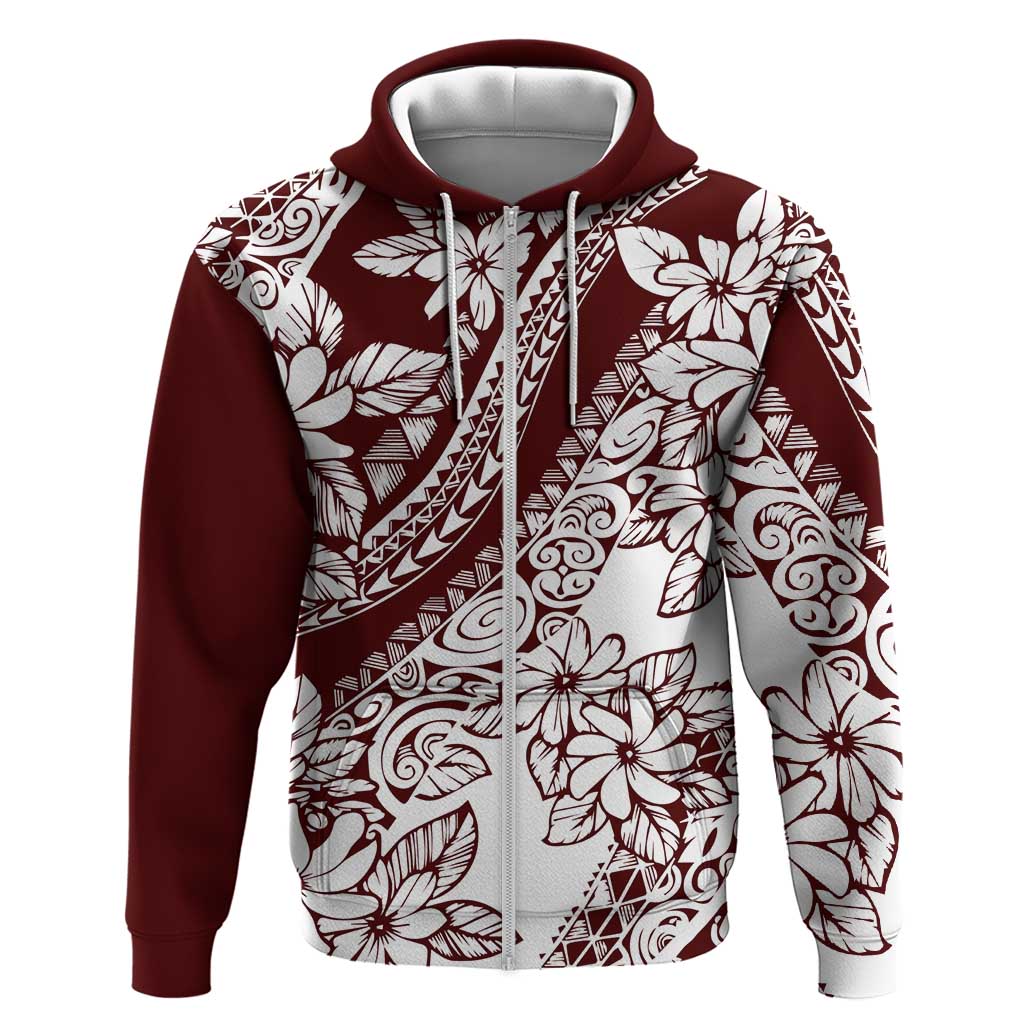 Polynesian Tropical Flowers Oxblood Color Zip Hoodie