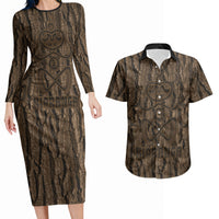 Kioranga Moriori New Zealand Couples Matching Long Sleeve Bodycon Dress and Hawaiian Shirt Kopi Rakau Carving Art LT14 Brown - Polynesian Pride