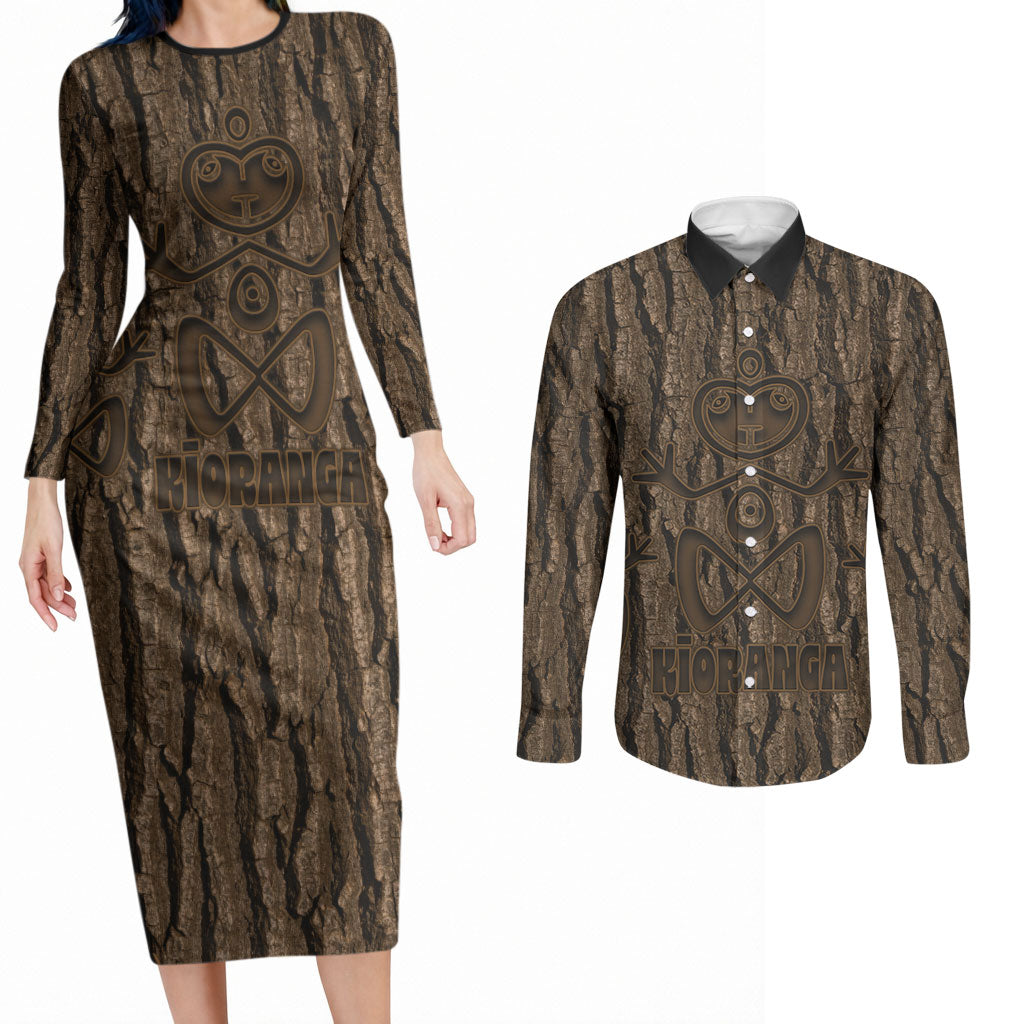 Kioranga Moriori New Zealand Couples Matching Long Sleeve Bodycon Dress and Long Sleeve Button Shirt Kopi Rakau Carving Art LT14 Brown - Polynesian Pride
