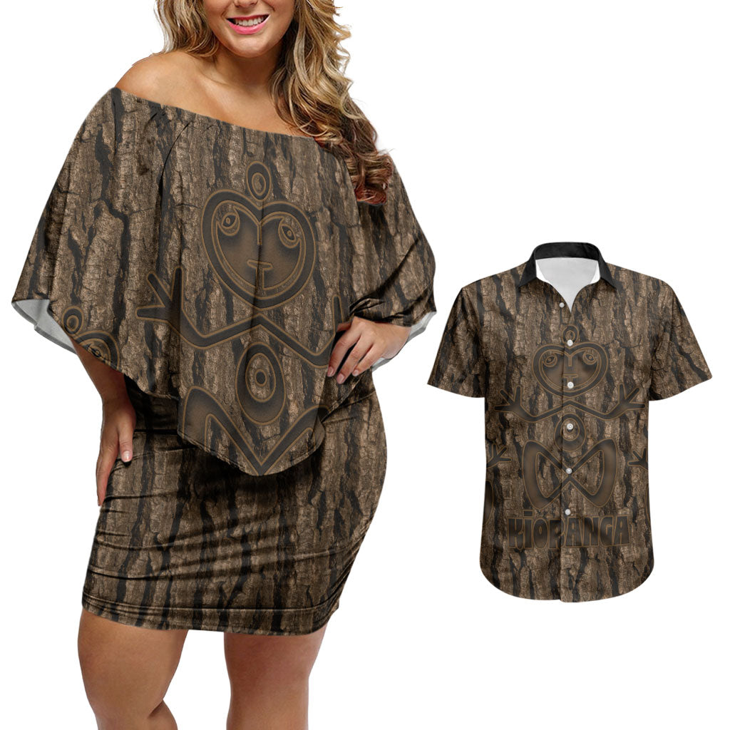 Kioranga Moriori New Zealand Couples Matching Off Shoulder Short Dress and Hawaiian Shirt Kopi Rakau Carving Art