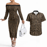 Kioranga Moriori New Zealand Couples Matching Off The Shoulder Long Sleeve Dress and Hawaiian Shirt Kopi Rakau Carving Art LT14 Brown - Polynesian Pride