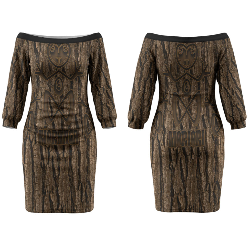 Kioranga Moriori New Zealand Couples Matching Off The Shoulder Long Sleeve Dress and Hawaiian Shirt Kopi Rakau Carving Art LT14 - Polynesian Pride