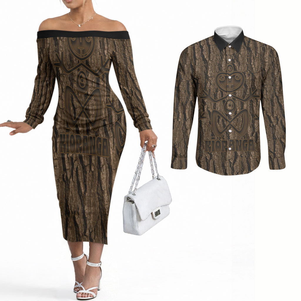 Kioranga Moriori New Zealand Couples Matching Off The Shoulder Long Sleeve Dress and Long Sleeve Button Shirt Kopi Rakau Carving Art LT14 Brown - Polynesian Pride