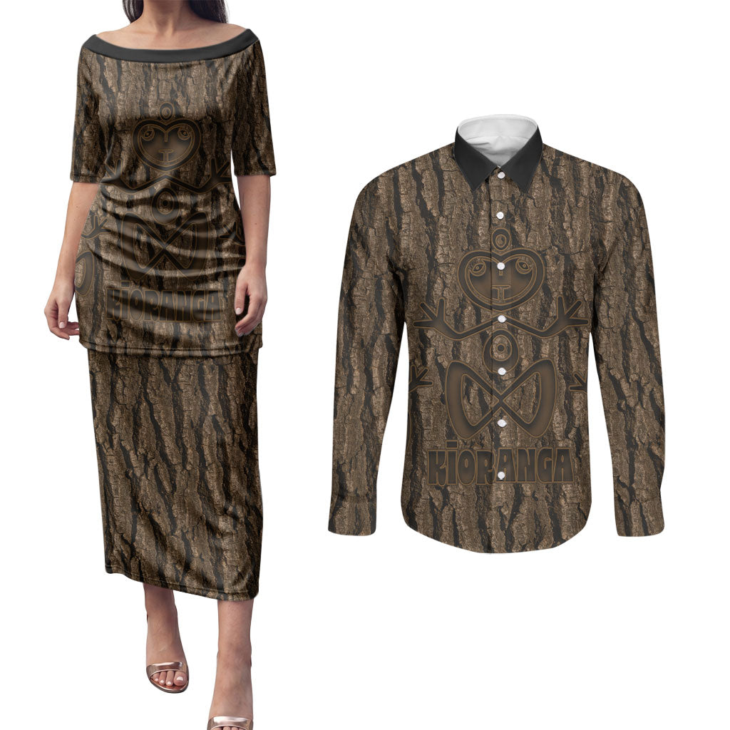 Kioranga Moriori New Zealand Couples Matching Puletasi and Long Sleeve Button Shirt Kopi Rakau Carving Art LT14 Brown - Polynesian Pride