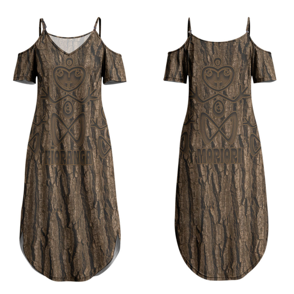 Kioranga Moriori New Zealand Couples Matching Summer Maxi Dress and Long Sleeve Button Shirt Kopi Rakau Carving Art LT14 - Polynesian Pride