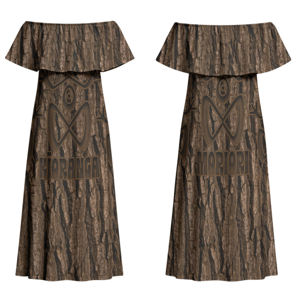 Kioranga Moriori New Zealand Family Matching Off Shoulder Maxi Dress and Hawaiian Shirt Kopi Rakau Carving Art LT14 Mom's Dress Brown - Polynesian Pride