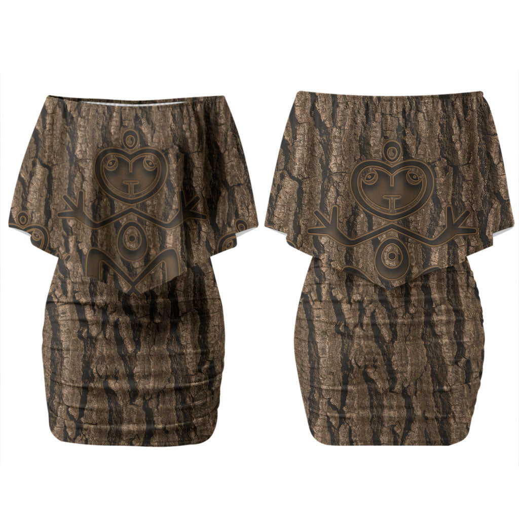 Kioranga Moriori New Zealand Family Matching Off Shoulder Short Dress and Hawaiian Shirt Kopi Rakau Carving Art LT14 Mom's Dress Brown - Polynesian Pride