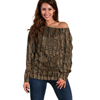 Kioranga Moriori New Zealand Off Shoulder Sweater Kopi Rakau Carving Art LT14 Women Brown - Polynesian Pride