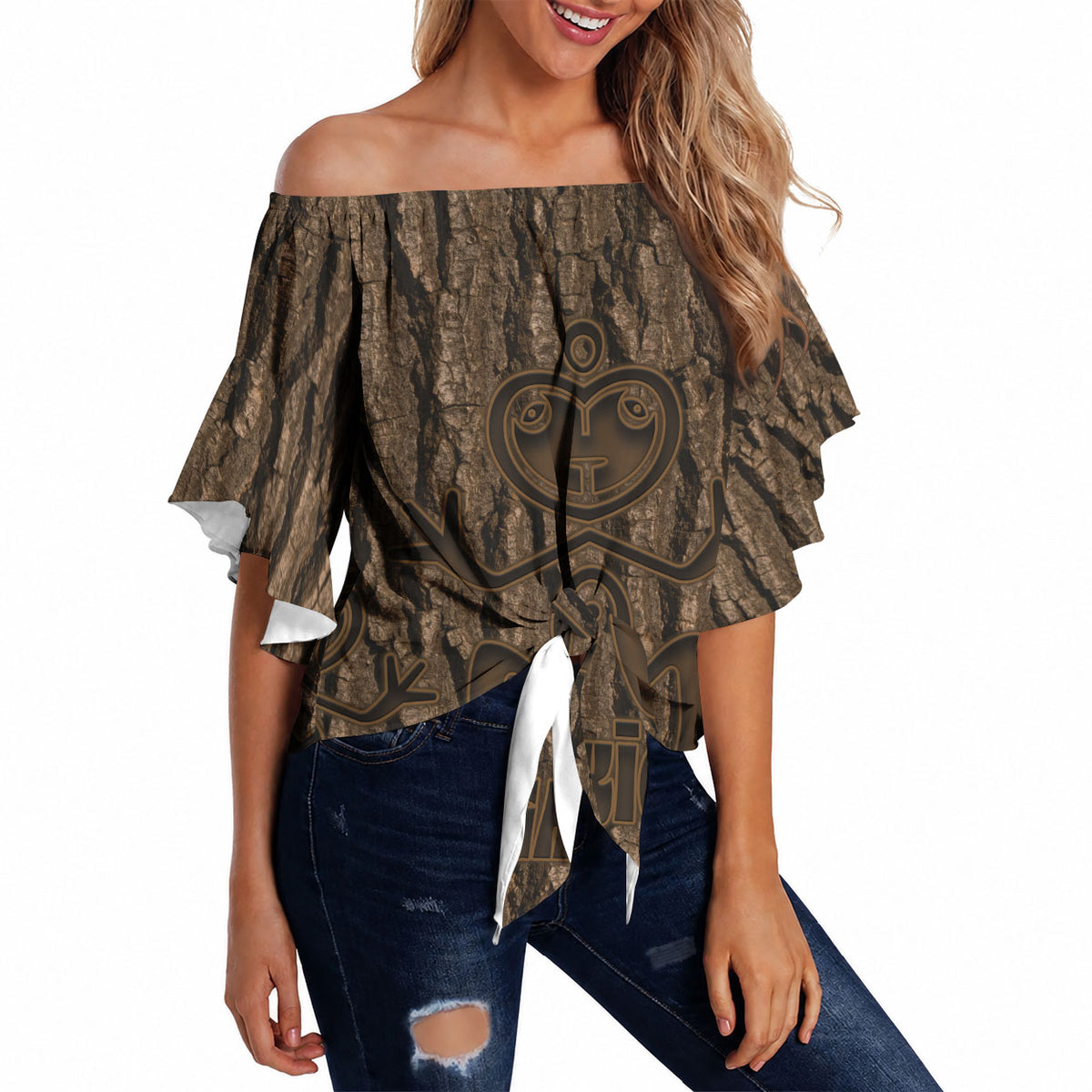 Kioranga Moriori New Zealand Off Shoulder Wrap Waist Top Kopi Rakau Carving Art LT14 Brown - Polynesian Pride