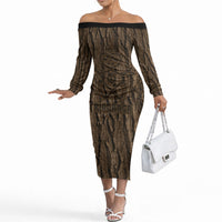 Kioranga Moriori New Zealand Off The Shoulder Long Sleeve Dress Kopi Rakau Carving Art LT14 Women Brown - Polynesian Pride