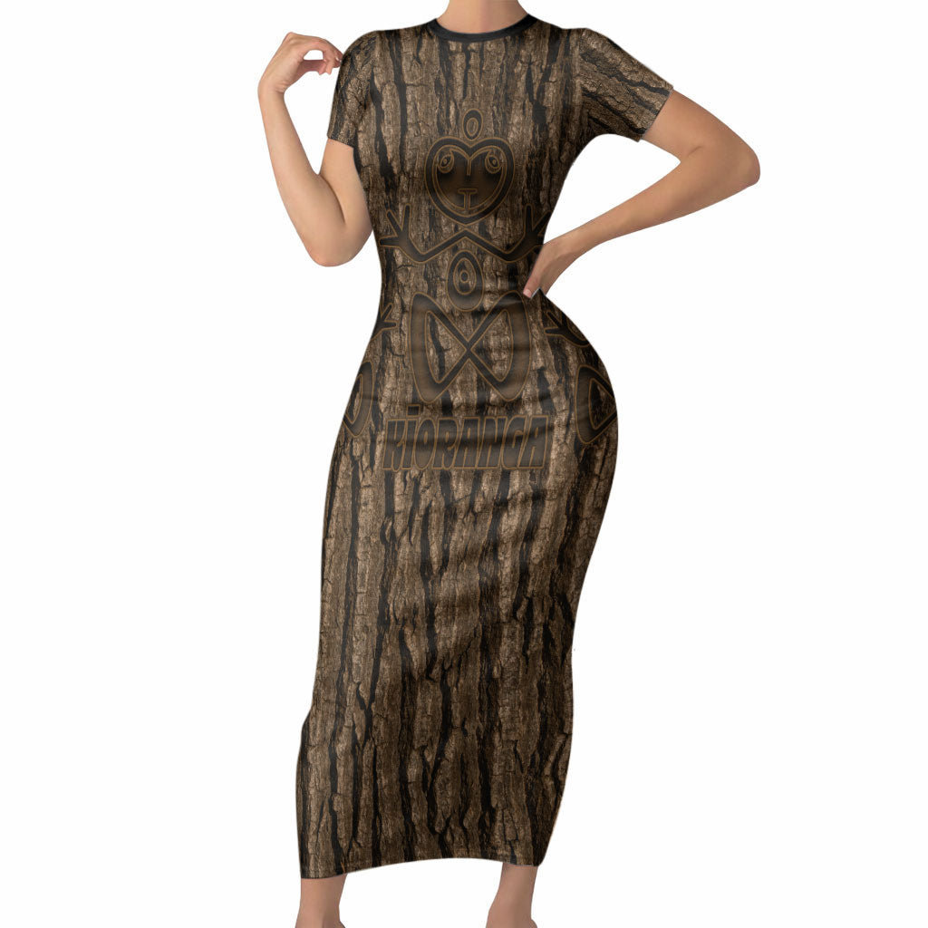Kioranga Moriori New Zealand Short Sleeve Bodycon Dress Kopi Rakau Carving Art LT14 Long Dress Brown - Polynesian Pride