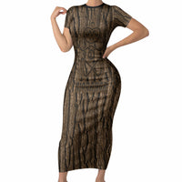Kioranga Moriori New Zealand Short Sleeve Bodycon Dress Kopi Rakau Carving Art LT14 Long Dress Brown - Polynesian Pride