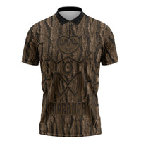 Kioranga Moriori New Zealand Zipper Polo Shirt Kopi Rakau Carving Art LT14 Brown - Polynesian Pride