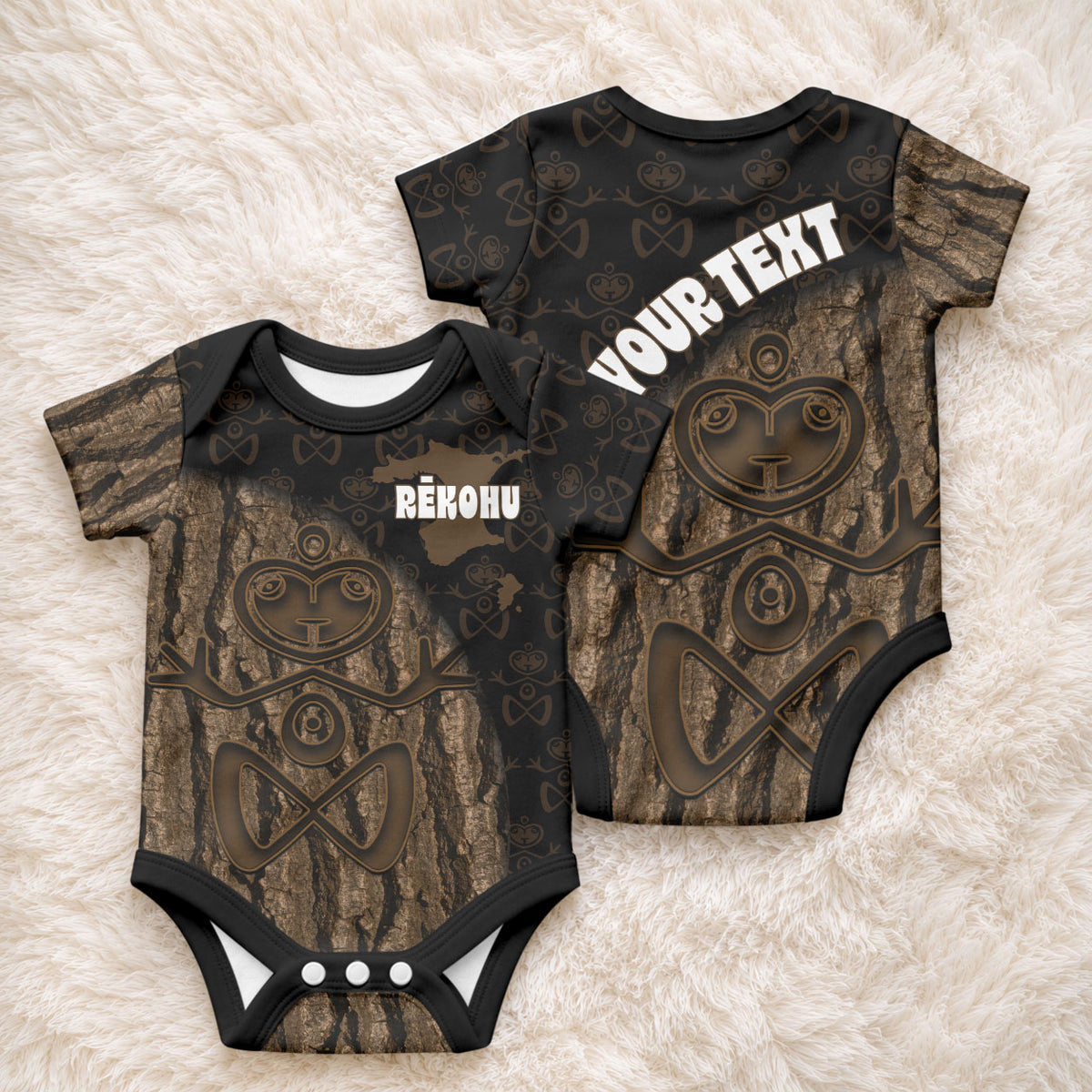 Moriori Kekoru New Zealand Personalised Baby Onesie Kopi Rakau Carving Chatham Islands Map