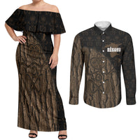 Moriori Kekoru New Zealand Personalised Couples Matching Off Shoulder Maxi Dress and Long Sleeve Button Shirt Kopi Rakau Carving Chatham Islands Map LT14 Black - Polynesian Pride