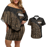 Moriori Kekoru New Zealand Personalised Couples Matching Off Shoulder Short Dress and Hawaiian Shirt Kopi Rakau Carving Chatham Islands Map LT14 Black - Polynesian Pride