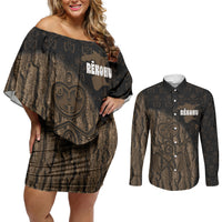 Moriori Kekoru New Zealand Personalised Couples Matching Off Shoulder Short Dress and Long Sleeve Button Shirt Kopi Rakau Carving Chatham Islands Map LT14 Black - Polynesian Pride