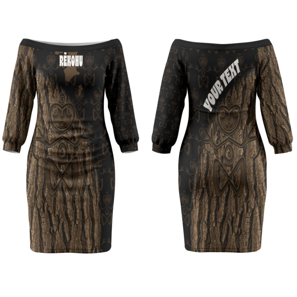 Moriori Kekoru New Zealand Personalised Couples Matching Off The Shoulder Long Sleeve Dress and Hawaiian Shirt Kopi Rakau Carving Chatham Islands Map LT14 - Polynesian Pride