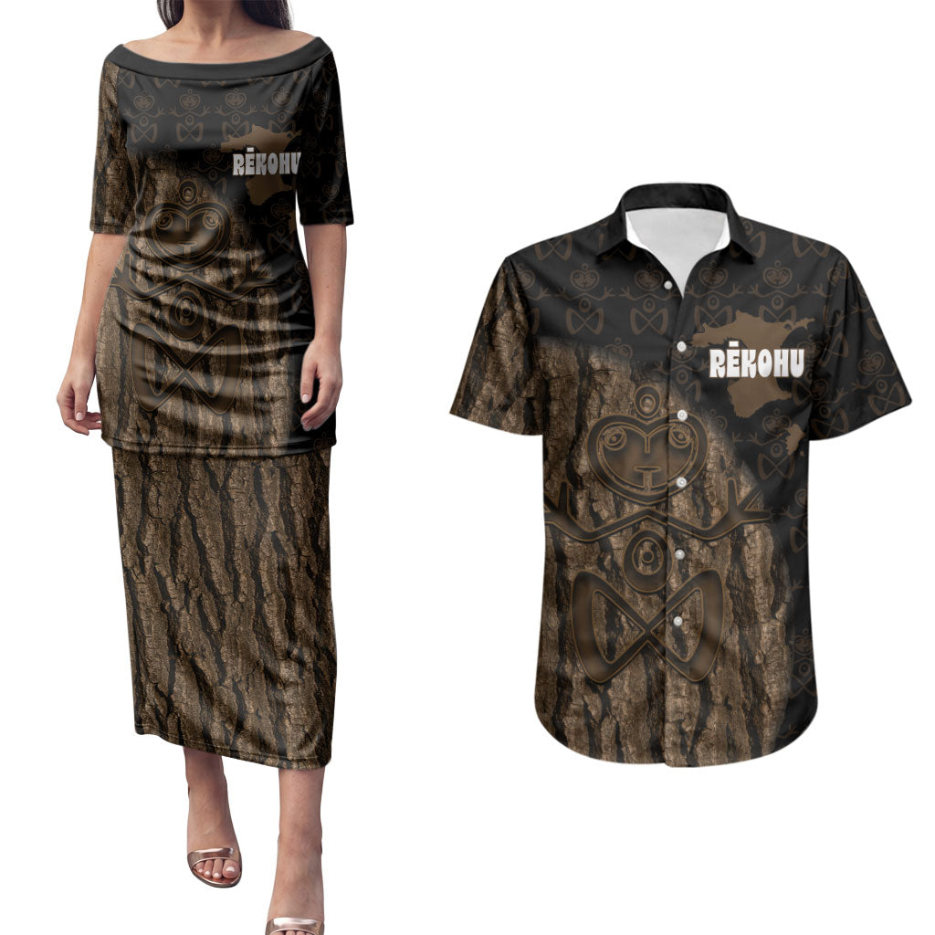Moriori Kekoru New Zealand Personalised Couples Matching Puletasi and Hawaiian Shirt Kopi Rakau Carving Chatham Islands Map LT14 Black - Polynesian Pride