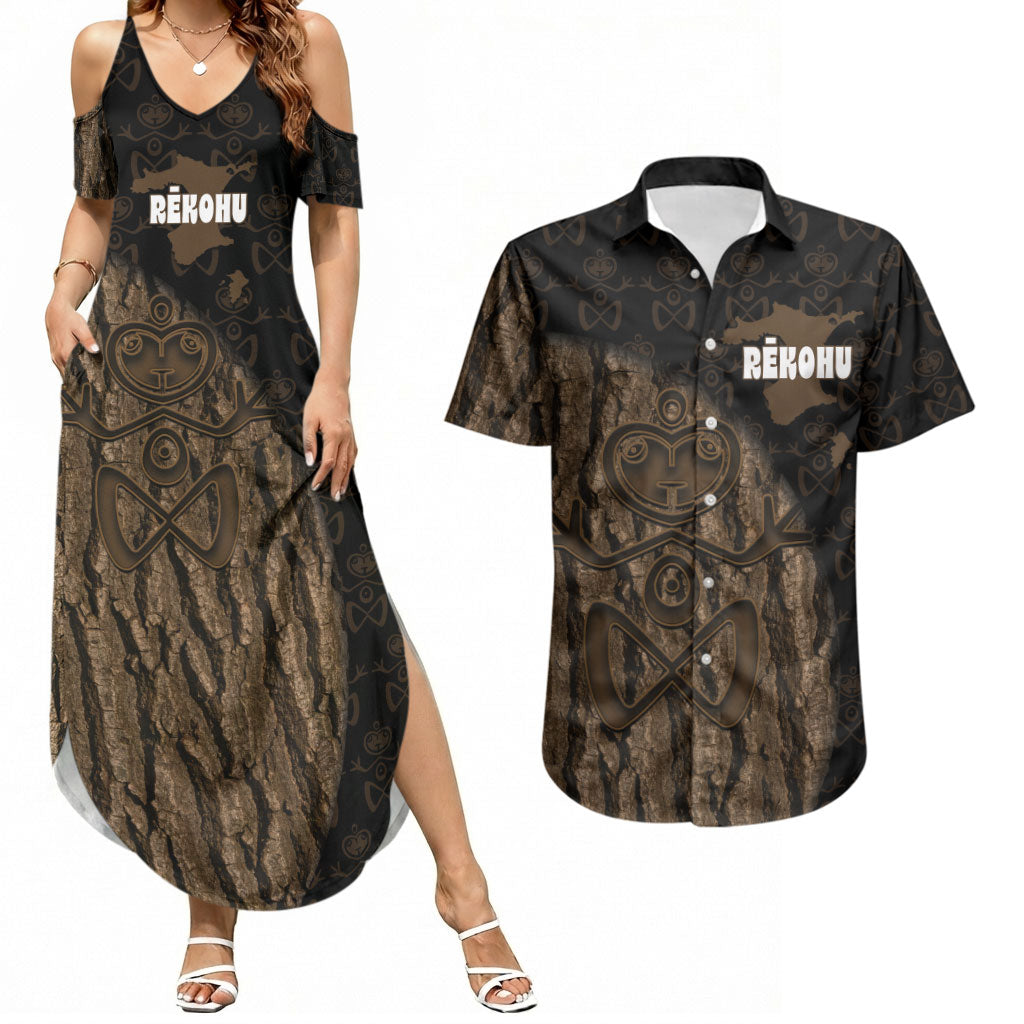 Moriori Kekoru New Zealand Personalised Couples Matching Summer Maxi Dress and Hawaiian Shirt Kopi Rakau Carving Chatham Islands Map LT14 Black - Polynesian Pride