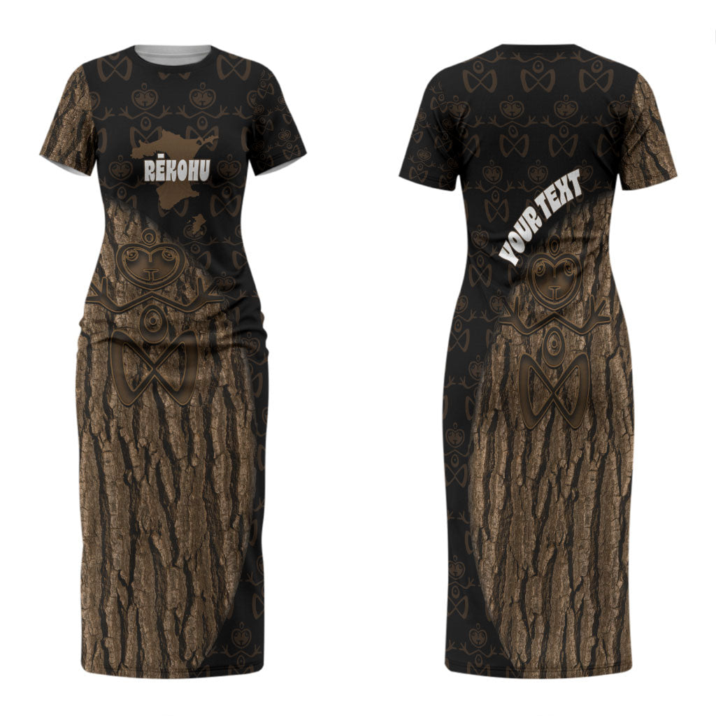 Moriori Kekoru New Zealand Personalised Family Matching Short Sleeve Bodycon Dress and Hawaiian Shirt Kopi Rakau Carving Chatham Islands Map LT14 Mom's Dress Black - Polynesian Pride