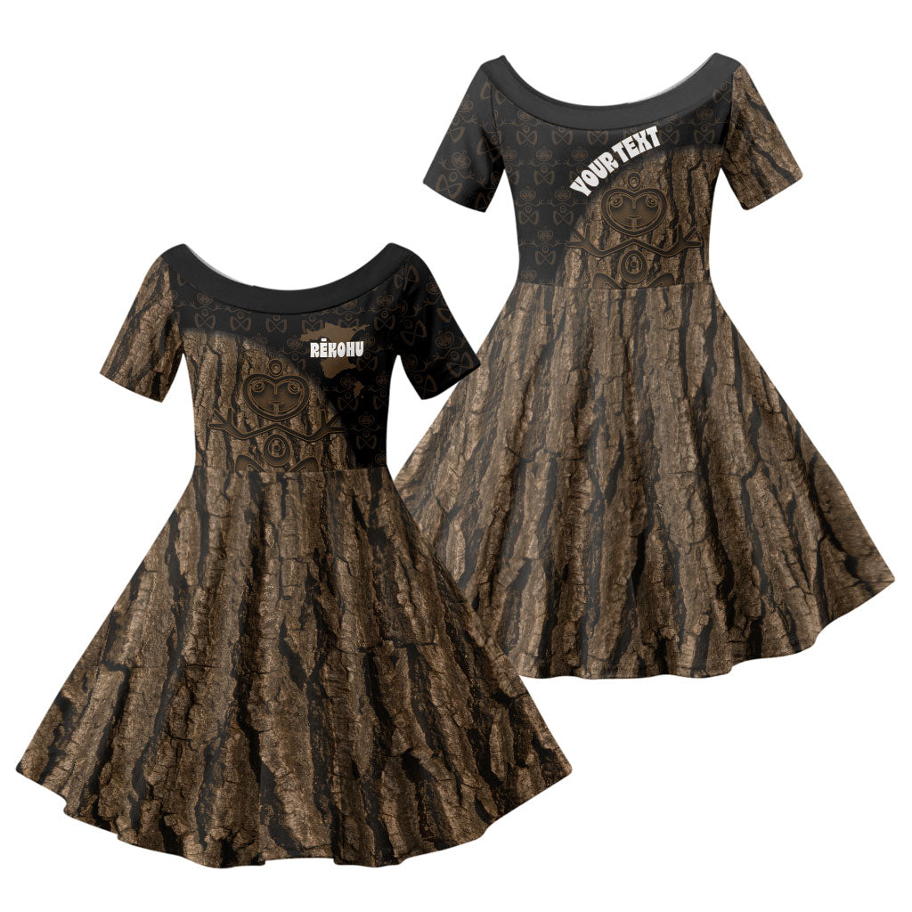 Moriori Kekoru New Zealand Personalised Family Matching Short Sleeve Bodycon Dress and Hawaiian Shirt Kopi Rakau Carving Chatham Islands Map LT14 Daughter's Dress Black - Polynesian Pride