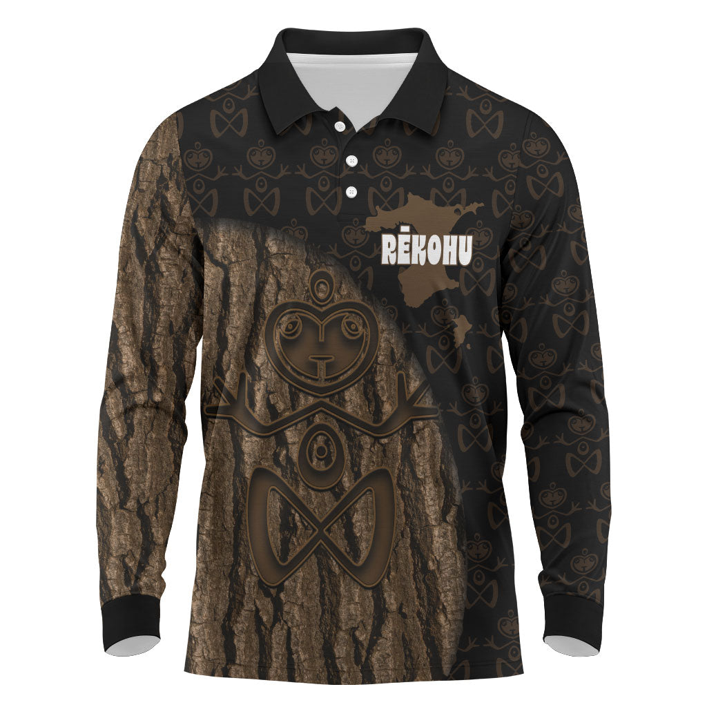 Moriori Kekoru New Zealand Personalised Long Sleeve Polo Shirt Kopi Rakau Carving Chatham Islands Map LT14 Black - Polynesian Pride