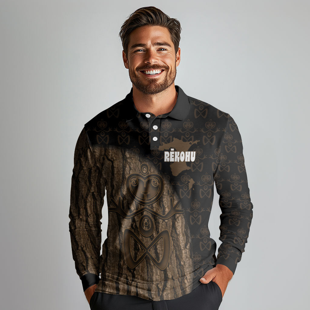 Moriori Kekoru New Zealand Personalised Long Sleeve Polo Shirt Kopi Rakau Carving Chatham Islands Map LT14 - Polynesian Pride