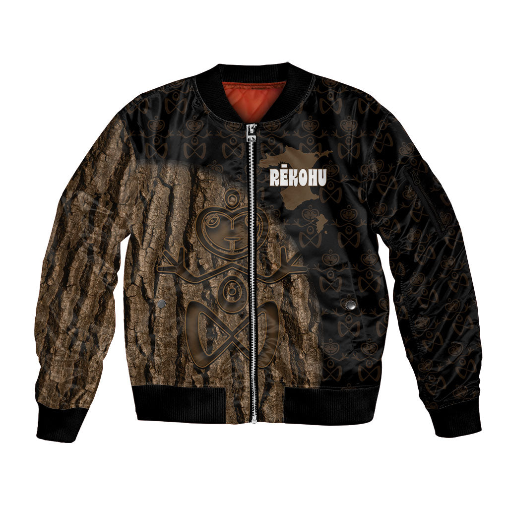 Moriori Kekoru New Zealand Personalised Sleeve Zip Bomber Jacket Kopi Rakau Carving Chatham Islands Map LT14 Unisex Black - Polynesian Pride