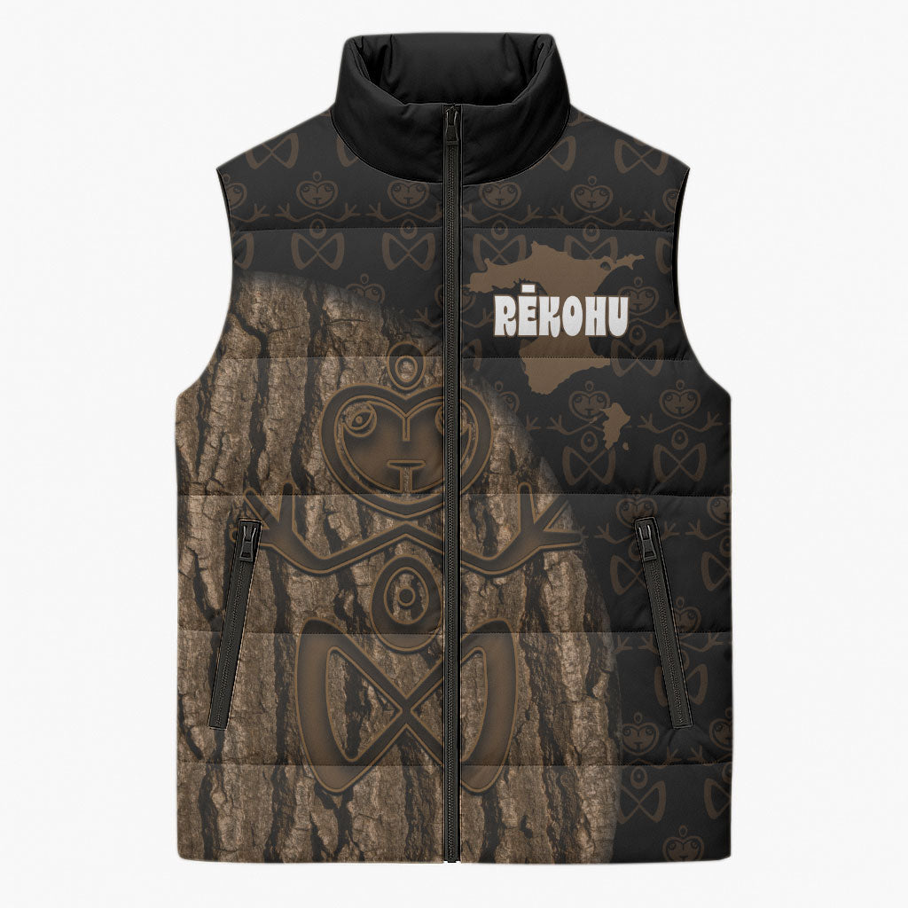 Moriori Kekoru New Zealand Personalised Sleeveless Puffer Jacket Kopi Rakau Carving Chatham Islands Map LT14 Unisex Black - Polynesian Pride