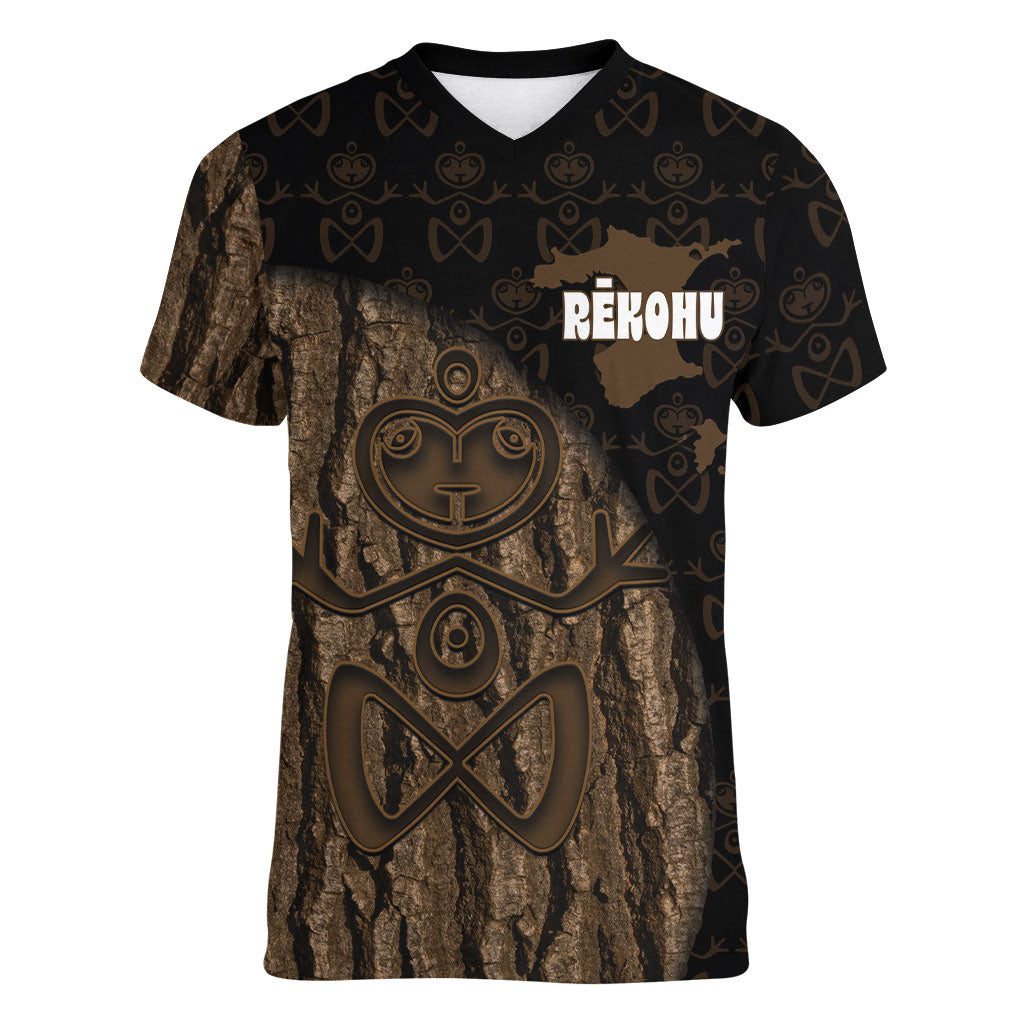 Moriori Kekoru New Zealand Personalised Women V-Neck T-Shirt Kopi Rakau Carving Chatham Islands Map LT14 Female Black - Polynesian Pride