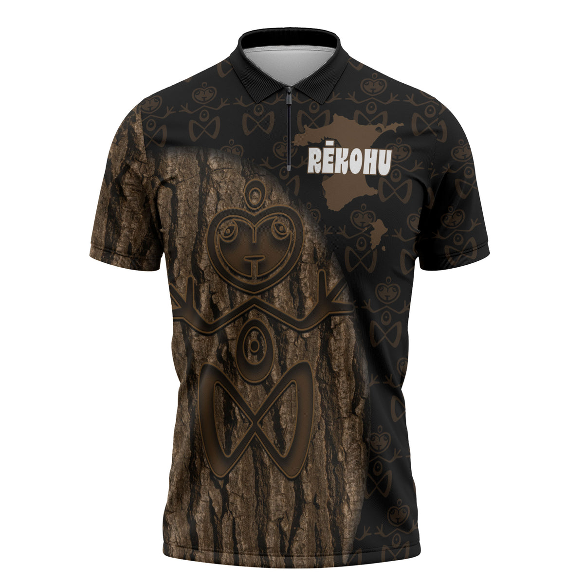 Moriori Kekoru New Zealand Personalised Zipper Polo Shirt Kopi Rakau Carving Chatham Islands Map LT14 Black - Polynesian Pride