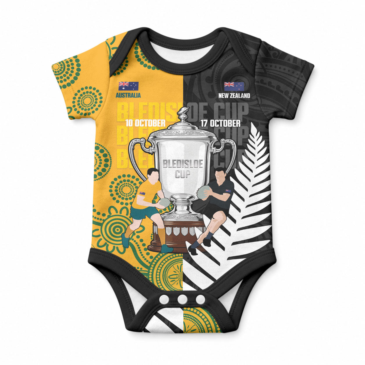 New Zealand Australia Rugby Bledisloe 2026 Custom Baby Onesie Champion Trophy Maori Aboriginal Art