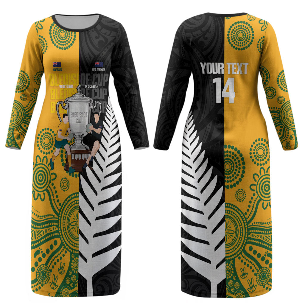 New Zealand Australia Rugby Bledisloe 2026 Custom Couples Matching Long Sleeve Bodycon Dress and Hawaiian Shirt Champion Trophy Maori Aboriginal Art LT14 - Polynesian Pride