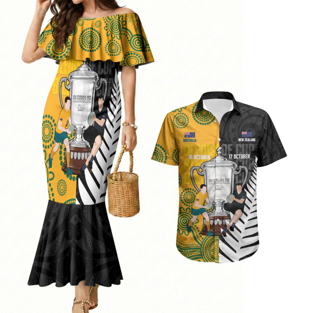 New Zealand Australia Rugby Bledisloe 2026 Custom Couples Matching Mermaid Dress and Hawaiian Shirt Champion Trophy Maori Aboriginal Art LT14 Multicolor - Polynesian Pride