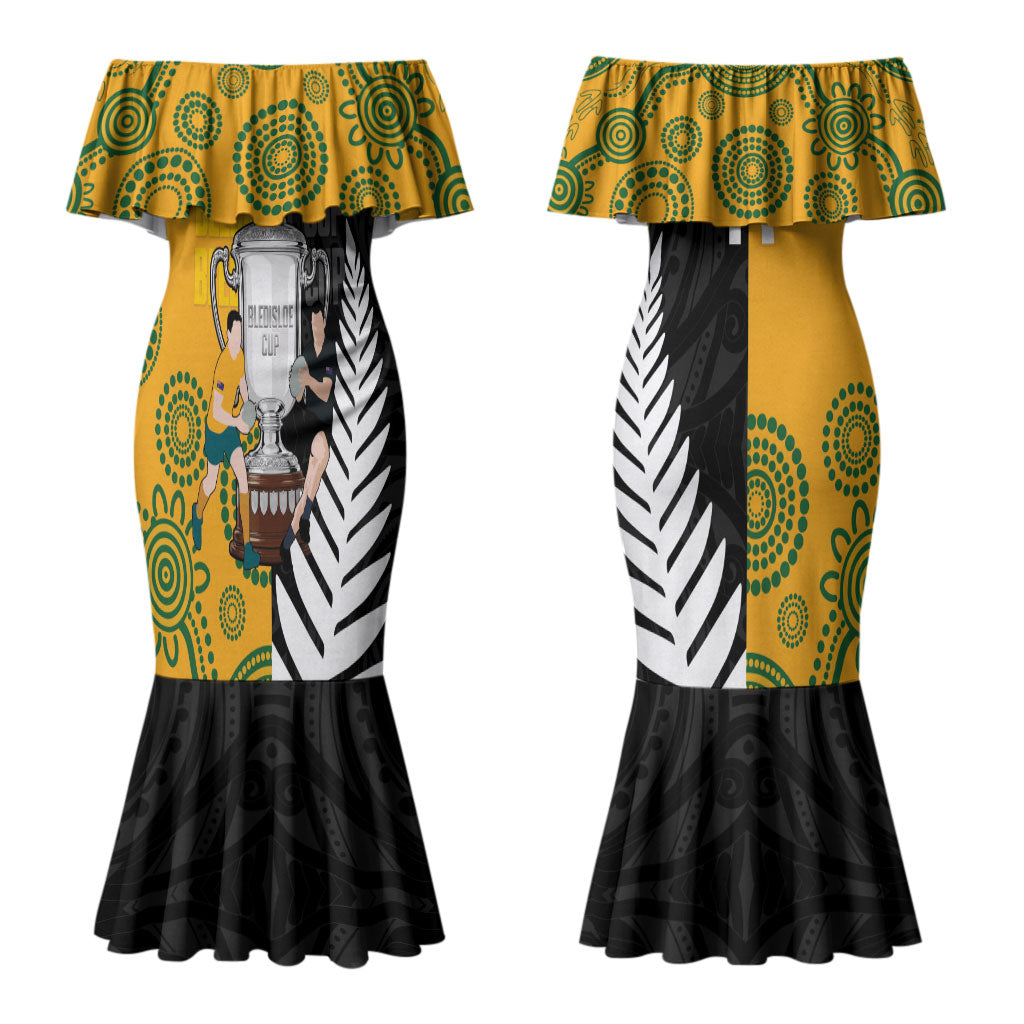 New Zealand Australia Rugby Bledisloe 2026 Custom Couples Matching Mermaid Dress and Hawaiian Shirt Champion Trophy Maori Aboriginal Art LT14 - Polynesian Pride