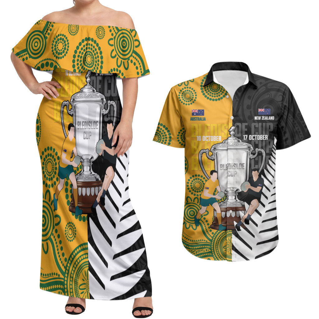 New Zealand Australia Rugby Bledisloe 2026 Custom Couples Matching Off Shoulder Maxi Dress and Hawaiian Shirt Champion Trophy Maori Aboriginal Art LT14 Multicolor - Polynesian Pride