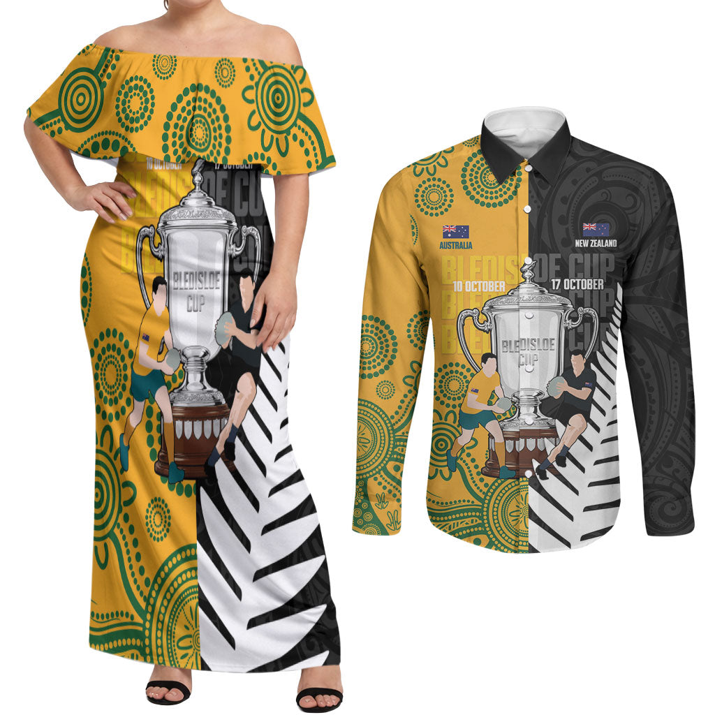 New Zealand Australia Rugby Bledisloe 2026 Custom Couples Matching Off Shoulder Maxi Dress and Long Sleeve Button Shirt Champion Trophy Maori Aboriginal Art LT14 Multicolor - Polynesian Pride