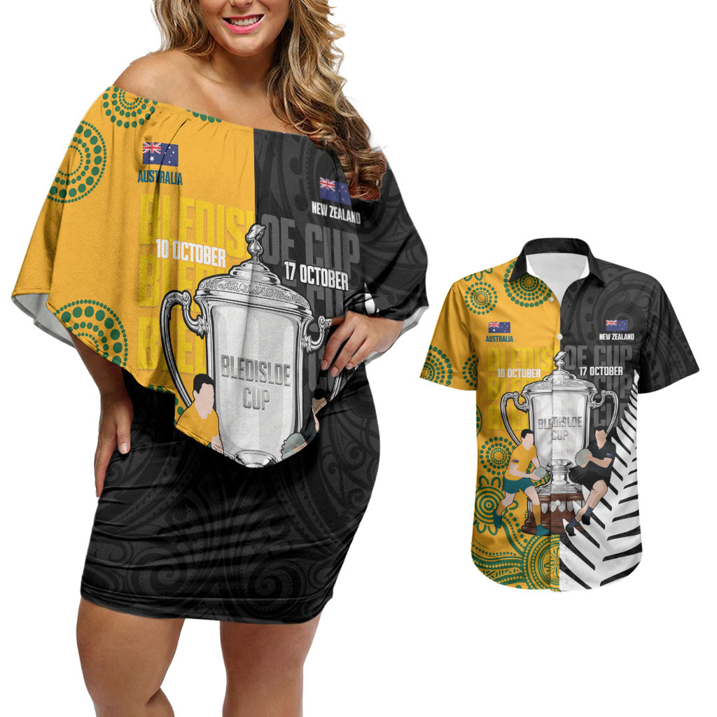 New Zealand Australia Rugby Bledisloe 2026 Custom Couples Matching Off Shoulder Short Dress and Hawaiian Shirt Champion Trophy Maori Aboriginal Art