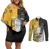 New Zealand Australia Rugby Bledisloe 2026 Custom Couples Matching Off Shoulder Short Dress and Long Sleeve Button Shirt Champion Trophy Maori Aboriginal Art LT14 Multicolor - Polynesian Pride