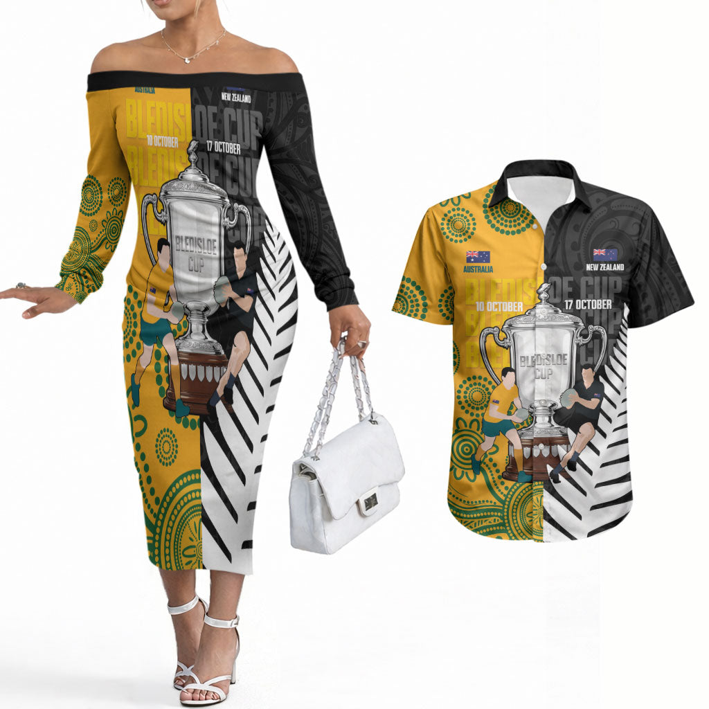 New Zealand Australia Rugby Bledisloe 2026 Custom Couples Matching Off The Shoulder Long Sleeve Dress and Hawaiian Shirt Champion Trophy Maori Aboriginal Art LT14 Multicolor - Polynesian Pride