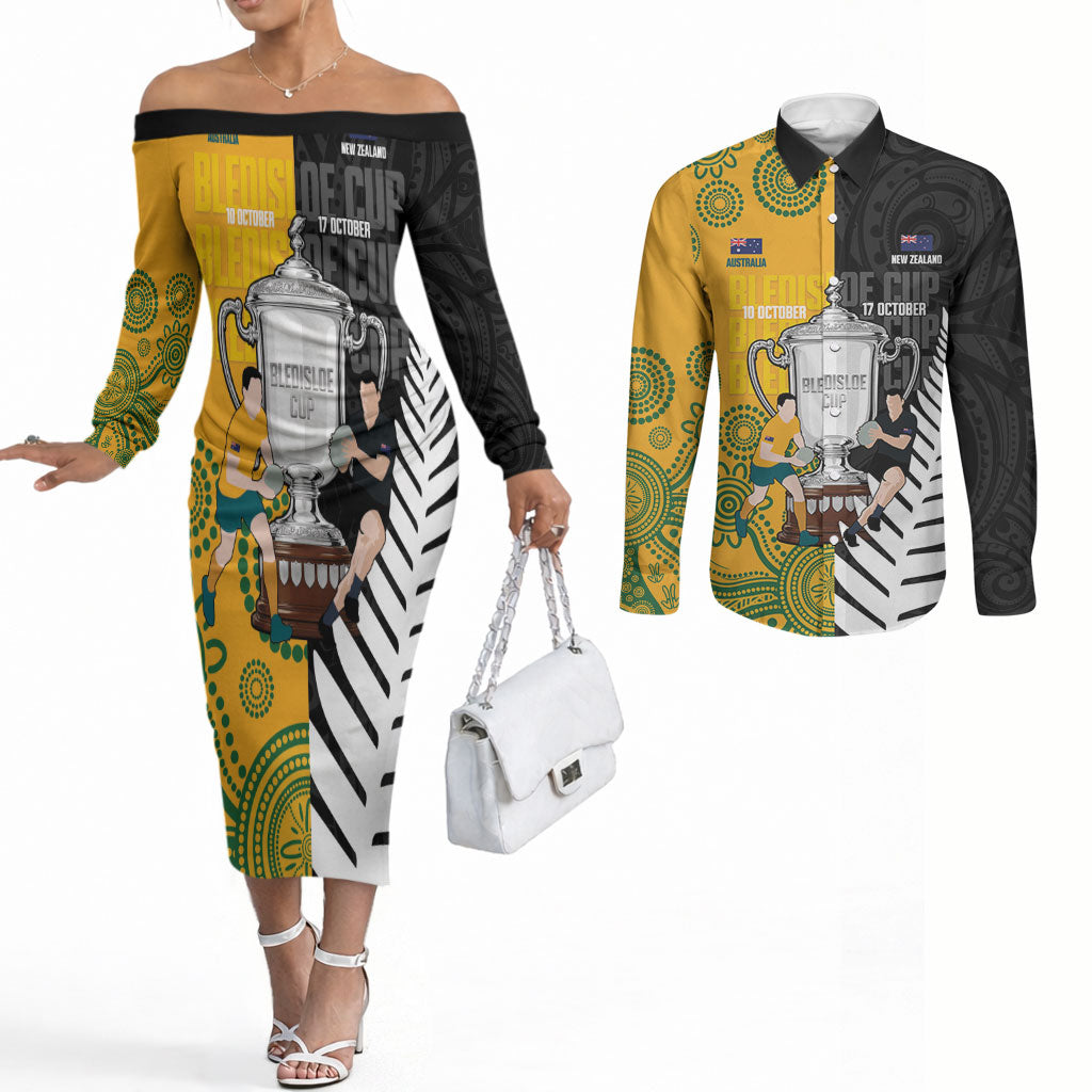 New Zealand Australia Rugby Bledisloe 2026 Custom Couples Matching Off The Shoulder Long Sleeve Dress and Long Sleeve Button Shirt Champion Trophy Maori Aboriginal Art LT14 Multicolor - Polynesian Pride